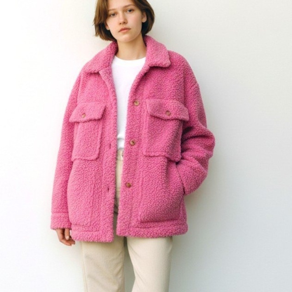 ENGLISH FACTORY Womens Jacket Sz S Pink Teddy Fleece Button Front Shirt Cozy Coa